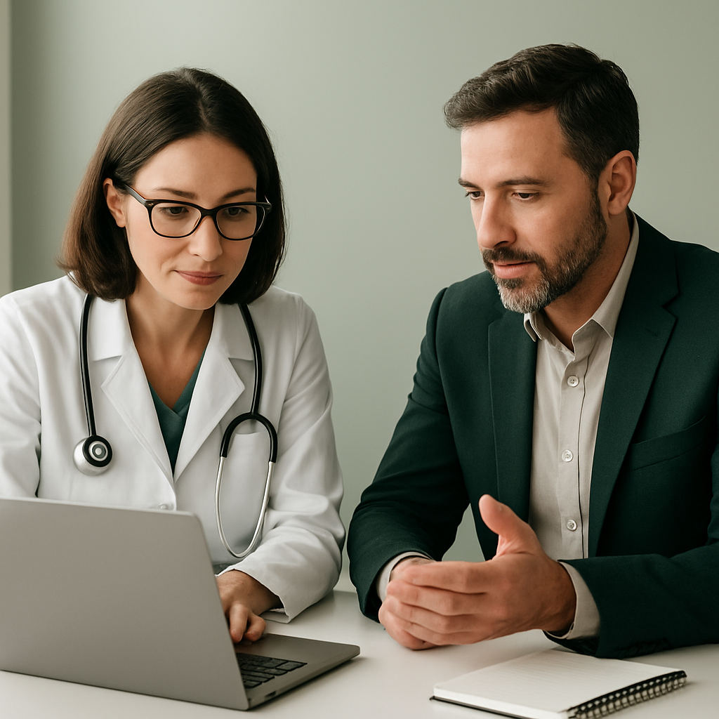 Two healthcare business colleagues collaborating at a modern office desk